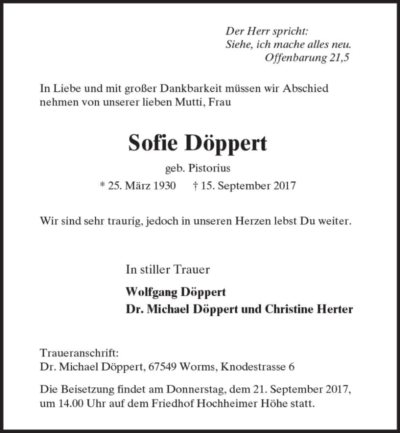  Traueranzeige für Sofie Döppert vom 19.09.2017 aus Trauerportal Rhein Main Presse