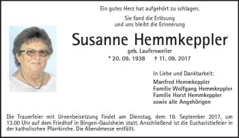 Traueranzeige von Susanne Hemmkeppler von Trauerportal Rhein Main Presse