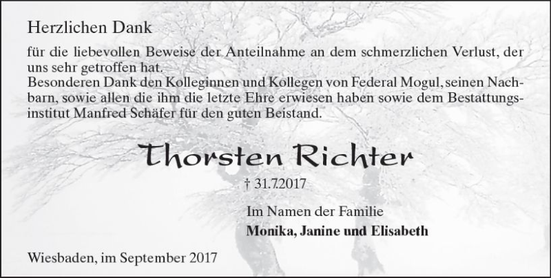  Traueranzeige für Thorsten Richter vom 02.09.2017 aus Trauerportal Rhein Main Presse