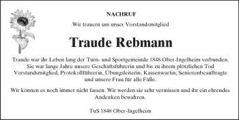 Traueranzeige von Traude Rebmann von Trauerportal Rhein Main Presse