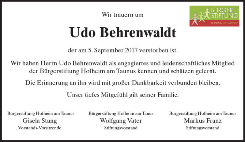 Traueranzeige für Udo Behrenwaldt vom 12.09.2017 aus Trauerportal Rhein Main Presse