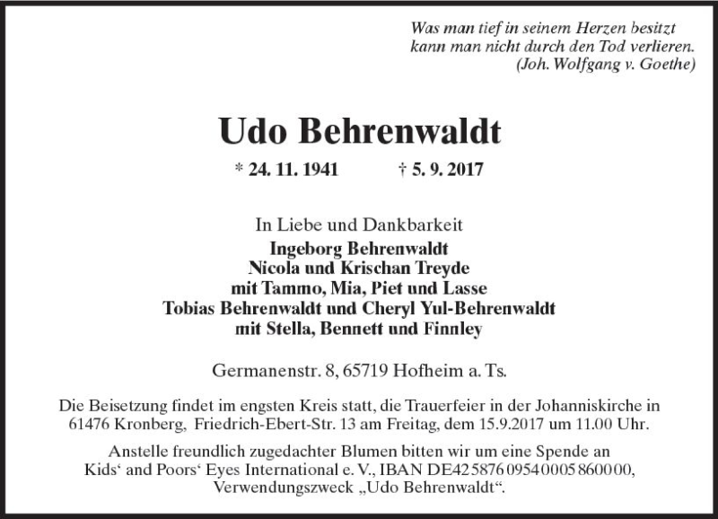  Traueranzeige für Udo Behrenwaldt vom 08.09.2017 aus Trauerportal Rhein Main Presse