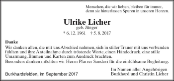Traueranzeige von Ulrike Licher von  Gießener Anzeiger