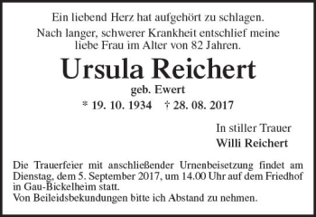Traueranzeige von Ursula Reichert von Trauerportal Rhein Main Presse