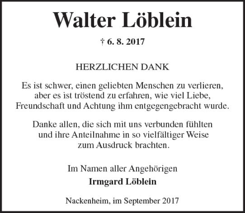  Traueranzeige für Walter Löblein vom 23.09.2017 aus Trauerportal Rhein Main Presse