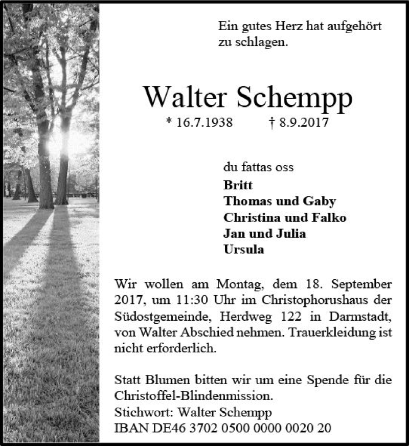  Traueranzeige für Walter Schempp vom 16.09.2017 aus Trauerportal Echo Online