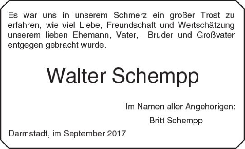  Traueranzeige für Walter Schempp vom 30.09.2017 aus Trauerportal Echo Online