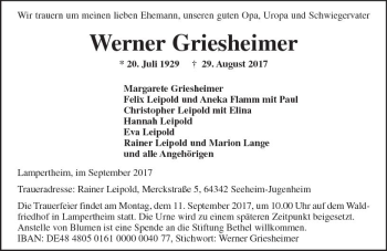 Traueranzeige von Werner Griesheimer von Trauerportal Echo Online