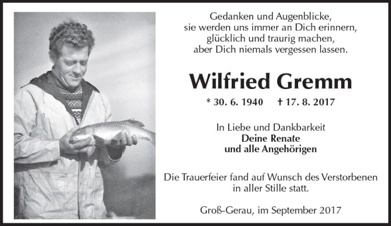  Traueranzeige für Wilfried Gremm vom 09.09.2017 aus Trauerportal Echo Online