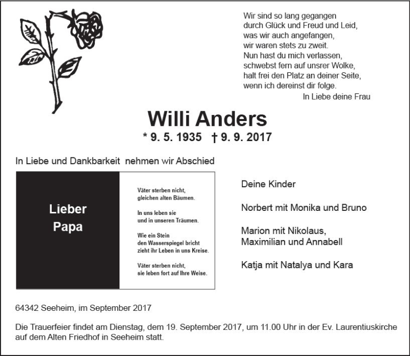  Traueranzeige für Willi Anders vom 16.09.2017 aus Trauerportal Echo Online