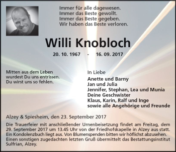 Traueranzeige von Willi Knobloch von Trauerportal Rhein Main Presse