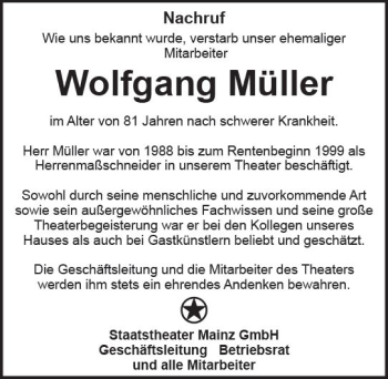 Traueranzeige von Wolfgang Müller von Trauerportal Rhein Main Presse