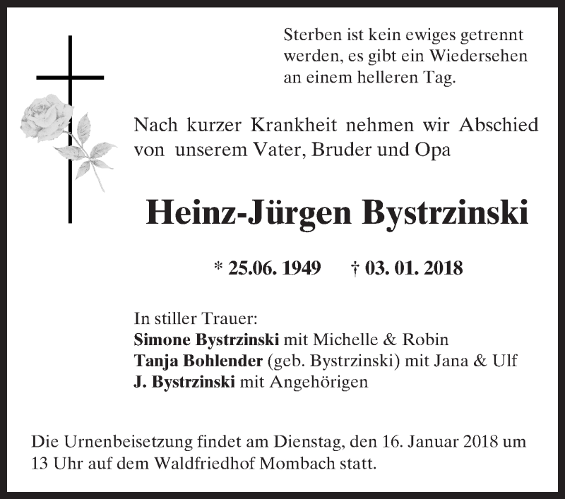  Traueranzeige für Heinz-Jürgen Bystrzinski vom 17.01.2018 aus Trauerportal Rhein Main Presse