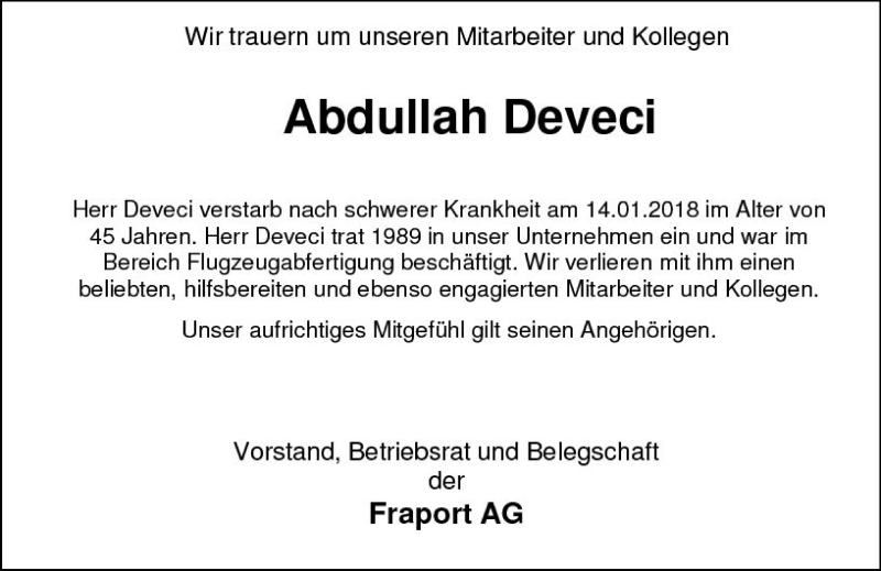  Traueranzeige für Abdullah Deveci vom 20.01.2018 aus Trauerportal Rhein Main Presse