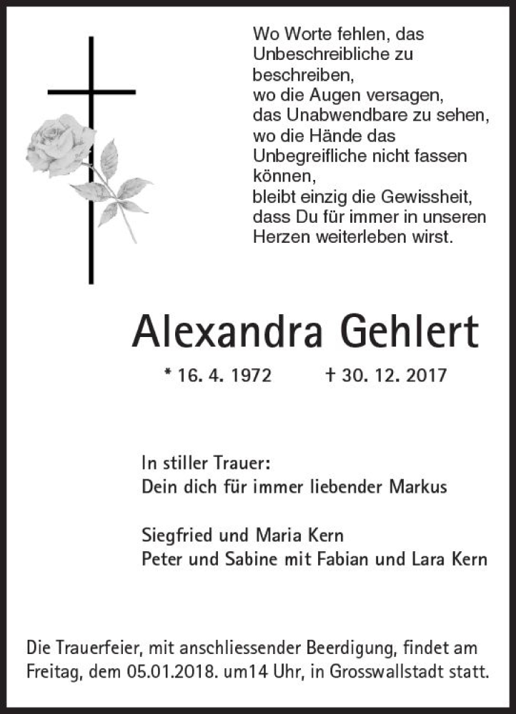  Traueranzeige für Alexandra Gehlert vom 04.01.2018 aus Trauerportal Rhein Main Presse