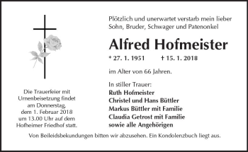 Traueranzeige von Alfred Hofmeister von Trauerportal Rhein Main Presse