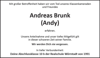 Traueranzeige von Andreas Brunk von Trauerportal Rhein Main Presse
