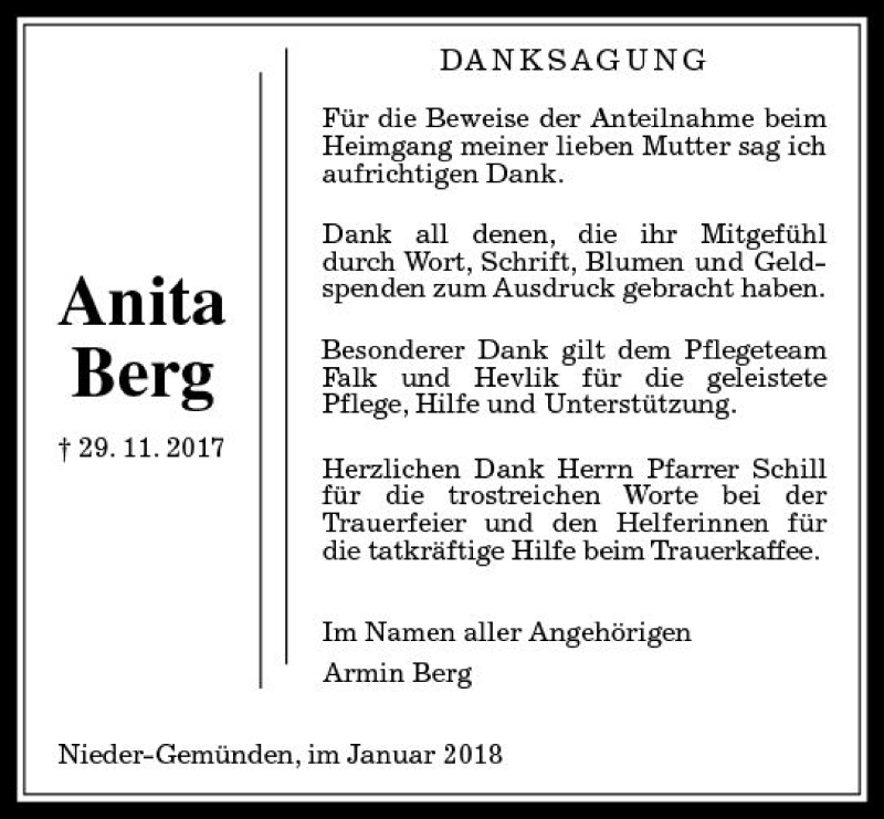  Traueranzeige für Anita Berg vom 11.01.2018 aus VRM Trauer