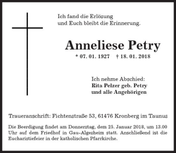 Traueranzeige von Anneliese Petry von Trauerportal Rhein Main Presse