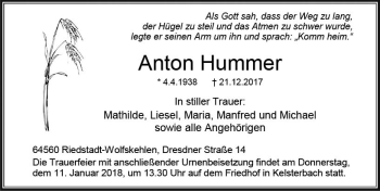 Traueranzeige von Anton Hummer von Trauerportal Rhein Main Presse