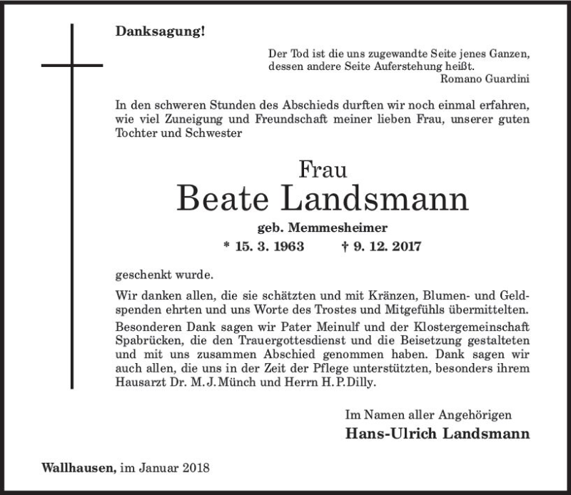  Traueranzeige für Beate Landsmann vom 17.01.2018 aus Trauerportal Rhein Main Presse