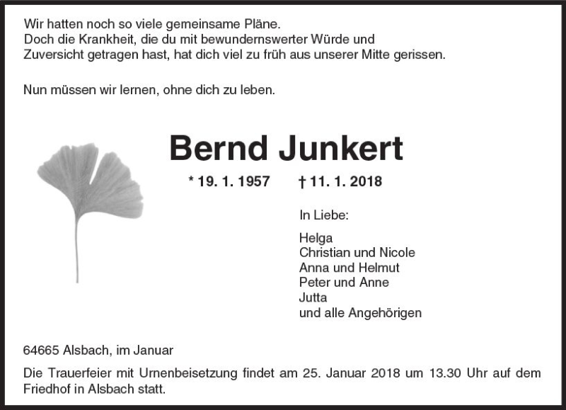  Traueranzeige für Bernd Junkert vom 20.01.2018 aus Trauerportal Rhein Main Presse