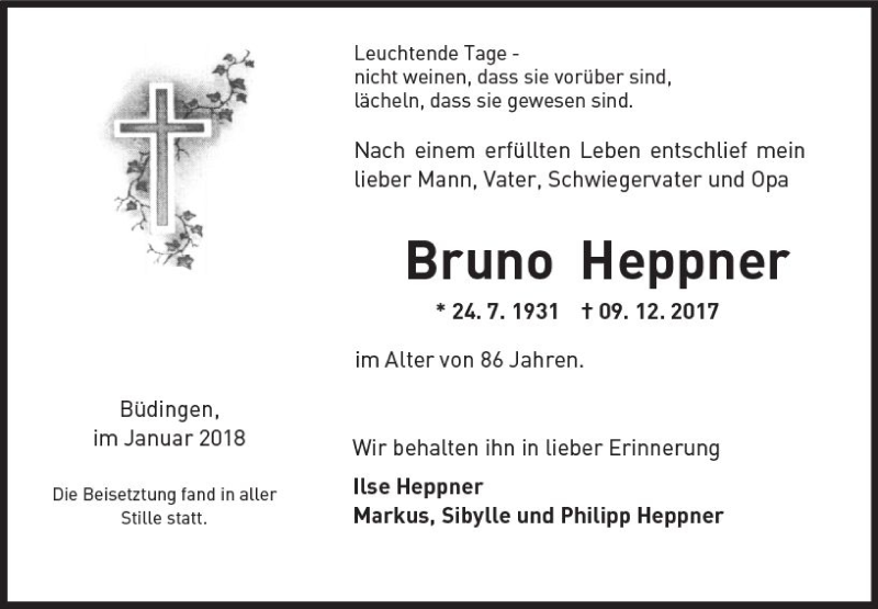 Traueranzeige für Bruno Heppner vom 06.01.2018 aus  Kreisanzeiger