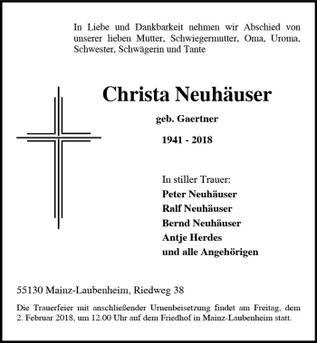 Traueranzeige von Christa Neuhäuser von Trauerportal Rhein Main Presse