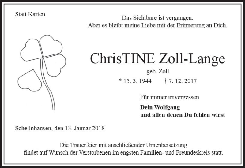  Traueranzeige für Christine Zoll-Lange vom 13.01.2018 aus  Oberhessische Zeitung