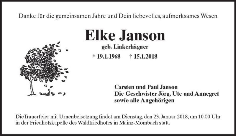  Traueranzeige für Elke Janson vom 20.01.2018 aus Trauerportal Rhein Main Presse