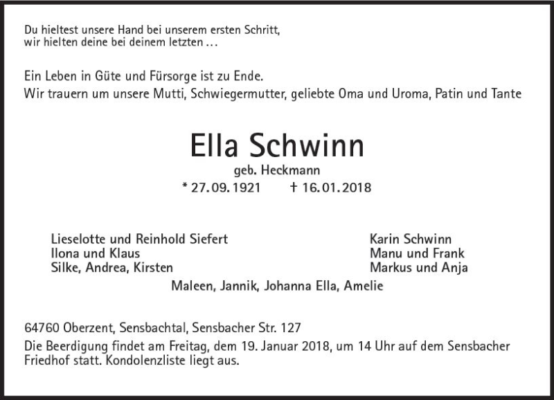  Traueranzeige für Ella Schwinn vom 18.01.2018 aus Trauerportal Rhein Main Presse