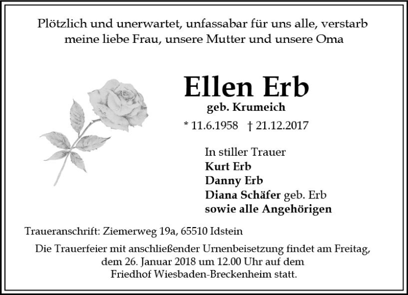 Traueranzeige für Ellen Erb vom 20.01.2018 aus Trauerportal Rhein Main Presse