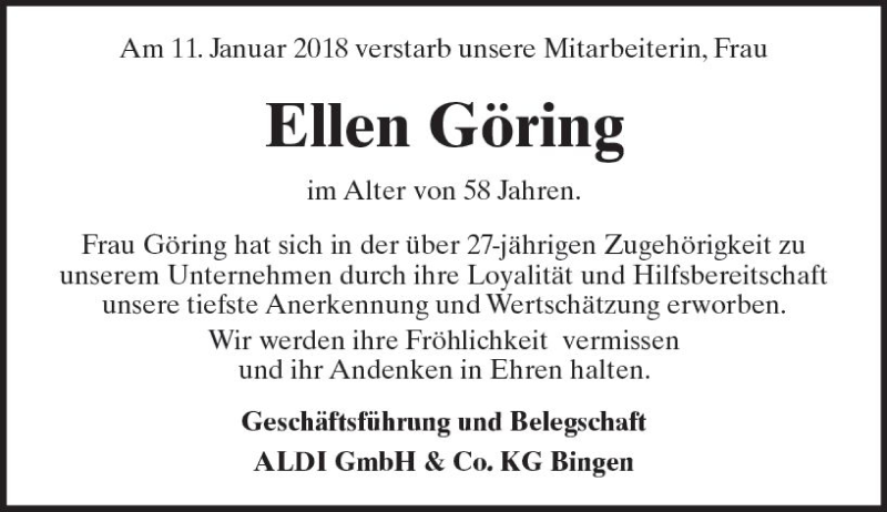  Traueranzeige für Ellen Göring vom 19.01.2018 aus Trauerportal Rhein Main Presse