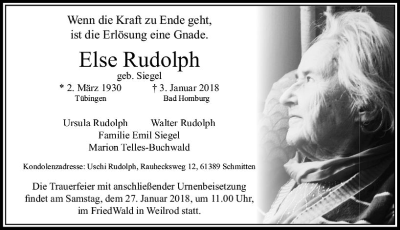  Traueranzeige für Else Rudolph vom 06.01.2018 aus  Usinger Anzeiger