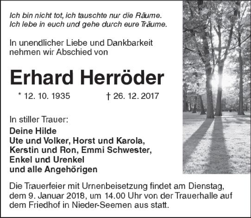 Traueranzeige für Erhard Herröder vom 06.01.2018 aus  Kreisanzeiger
