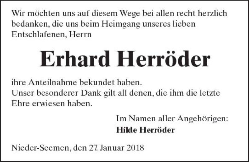  Traueranzeige für Erhard Herröder vom 27.01.2018 aus  Kreisanzeiger