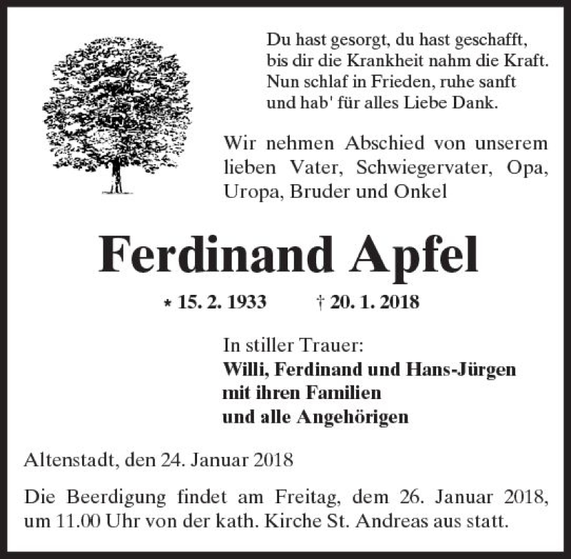  Traueranzeige für Ferdinand Apfel vom 24.01.2018 aus  Kreisanzeiger
