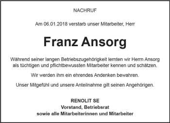 Traueranzeige von Franz Ansorg von Trauerportal Rhein Main Presse