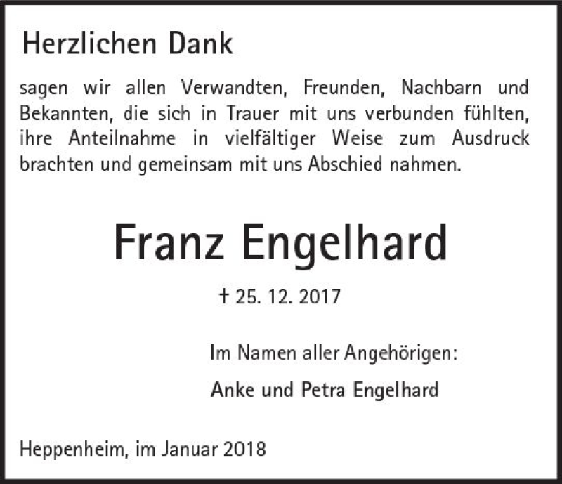  Traueranzeige für Franz Engelhard vom 20.01.2018 aus Trauerportal Rhein Main Presse