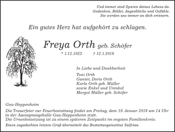 Traueranzeige von Freya Orth von Trauerportal Rhein Main Presse