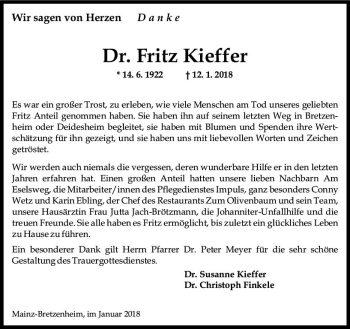 Traueranzeige von Fritz Kieffer von Trauerportal Rhein Main Presse