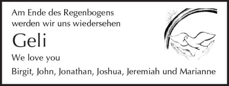  Traueranzeige für Geli  vom 05.01.2018 aus  Kreisanzeiger