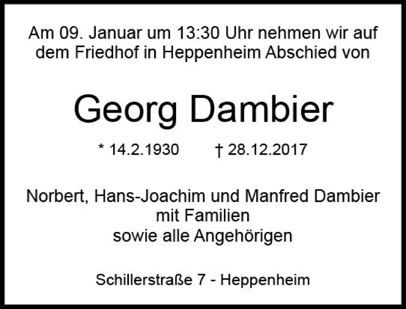  Traueranzeige für Georg Dambier vom 06.01.2018 aus Trauerportal Rhein Main Presse