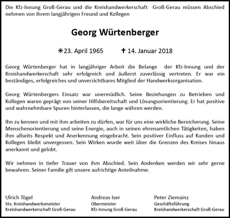  Traueranzeige für Georg Würtenberger vom 24.01.2018 aus Trauerportal Rhein Main Presse