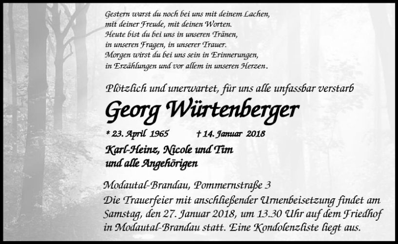  Traueranzeige für Georg Würtenberger vom 24.01.2018 aus Trauerportal Rhein Main Presse