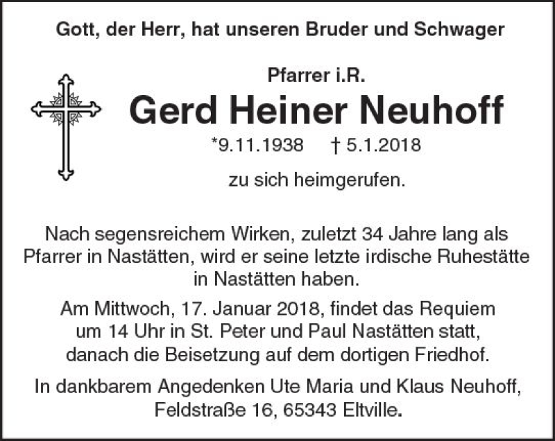  Traueranzeige für Gerd Heiner Neuhoff vom 16.01.2018 aus Trauerportal Rhein Main Presse