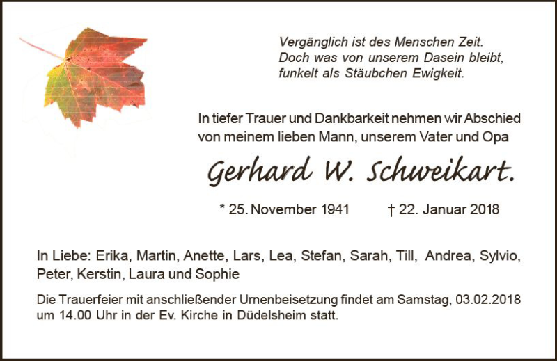  Traueranzeige für Gerhard  Schweikart vom 27.01.2018 aus  Kreisanzeiger