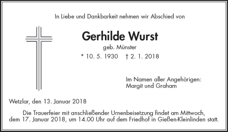  Traueranzeige für Gerhilde Wurst vom 13.01.2018 aus  Gießener Anzeiger