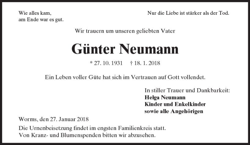  Traueranzeige für Günter Neumann vom 27.01.2018 aus Trauerportal Rhein Main Presse