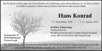 Traueranzeige von Hans Konrad von Trauerportal Rhein Main Presse